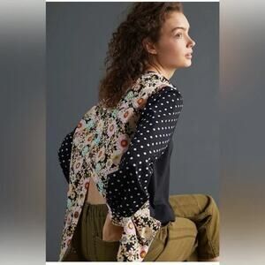 MAEVE | By Anthropologie Polka Dot Sleeve Floral Top with Split Back Small